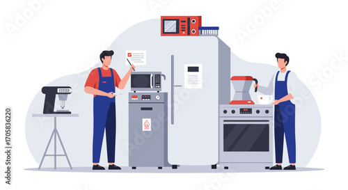 Modern kitchen appliance setup with repair technicians preparing coffee