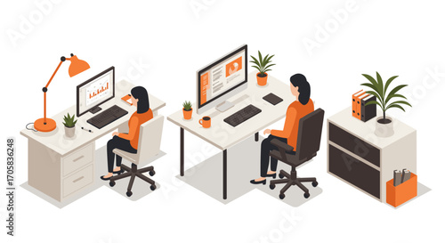 Modern isometric office workspace with professionals and technology