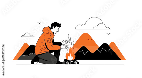 A Person Enjoying Warmth of Fire Near Mountains in Outdoor Wilderness Scene