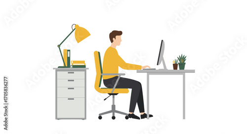 Flat design office workspace with computer, lamp, and plant on desk