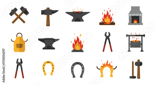 Blacksmithing essentials: tools, forge, and anvil icons for craftsmanship