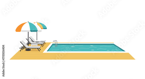 Serene poolside with umbrellas and lounge chairs on wooden deck