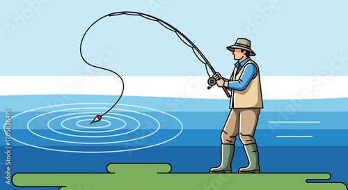 Angler Casting Line During Lakeside Fly Fishing Recreation In Pursuit Of Aquatic Prey