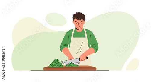 A Person Sharpens Their Culinary Skills While Preparing Fresh Herbs For Cooking
