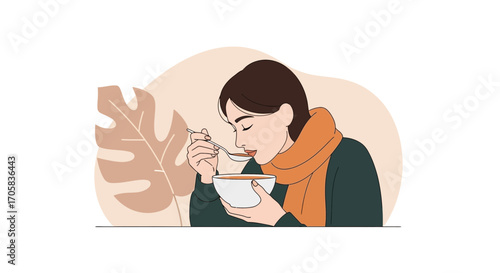 A Person Savoring a Warm Bowl of Soup, Comforting Moment, Cozy Scene, Illustration Art