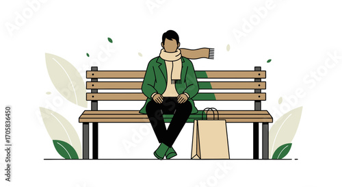 A Person Resting on A Bench with A Shopping Bag, Relaxing Concept, In The Park