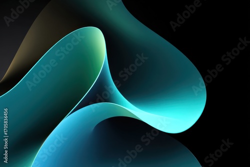 Abstract flowing teal and cyan forms overlap against a black background, with subtle shadows suggesting depth and a sense of movement