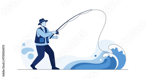 Angler Casting Rod into Ocean Depths Vector Illustration Depicting Aquatic Pursuit Activity