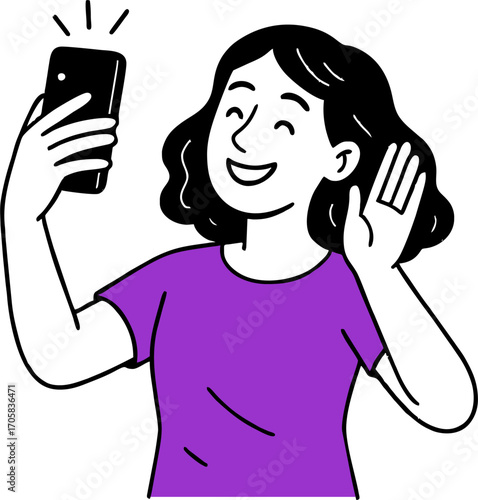  Flat vector design ilustration happy woman with smartphone taking selfie