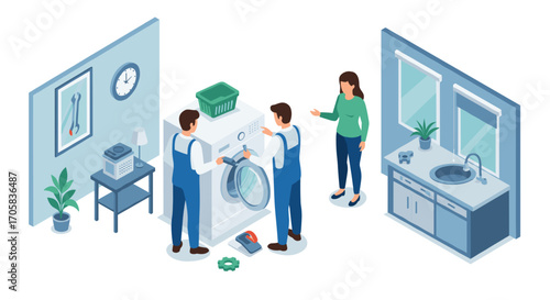 Home appliance repair service in modern laundry room isometric design