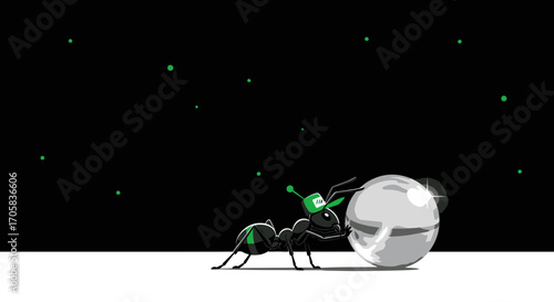 Animated Ant Pushing Spherical Object Under Starlit Sky with Futuristic Design