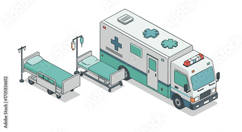 Isometric ambulance and hospital beds setup in modern healthcare illustration