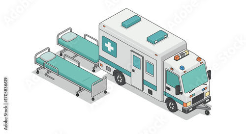 Isometric ambulance with hospital beds on white background for medical use