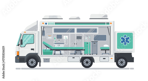 Mobile medical unit side view with detailed interior and equipment