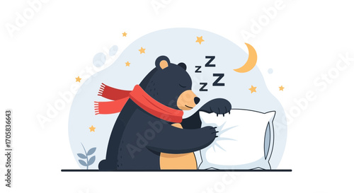 Animated Bear Dreaming Peacefully While Snuggling a Pillow At Night Under Starry Sky