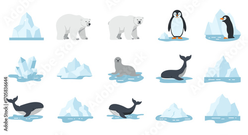 Arctic wildlife and icebergs set: polar bears, whales, penguins, and seals