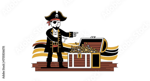 A Pirate Showing His Priceless Stash Of Treasure Inside A Wooden Chest on a Deck