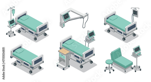 Isometric hospital room equipment collection featuring medical beds and monitors