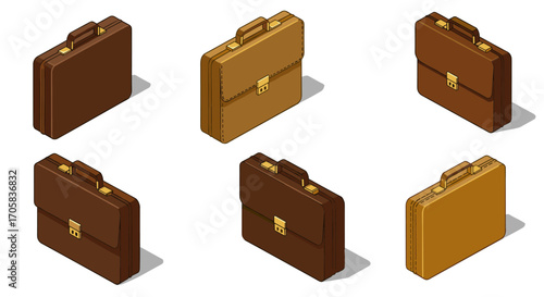 Isometric brown and tan briefcases in varied designs and shadows