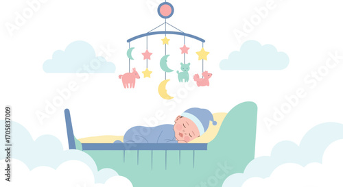 A Serene Illustration of a Sleeping Newborn with a Gentle Hanging Bed Mobile Above