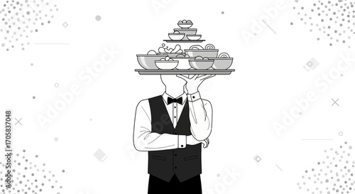 A Silhouette Waiter Carrying Food on a Tray Presents Culinary Service Elegantly
