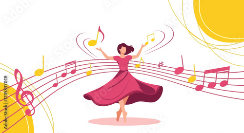 Animated Dancer Personified Dancing Joyfully With Musical Notes Around Her With Vibrant Colors.
