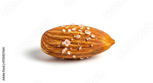One roasted salted almond nut close up isolated on white background.