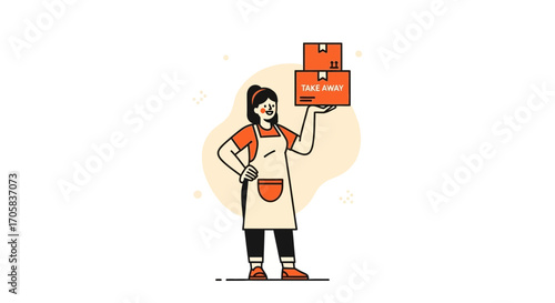 Animated Delivery Woman Holding Take Away Food Boxes In Trendy Flat Design Concept