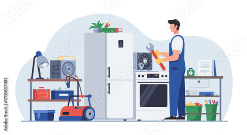 Technician repairing kitchen appliances in modern home workshop setting