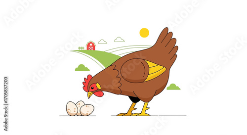 A Smiling Chicken Examining Eggs In Front of A Farm With A Green Landscape