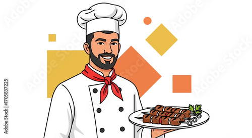 A Smiling Chef Presenting Grilled Skewers, Ready To Serve Delicious Food, Vector Illustration