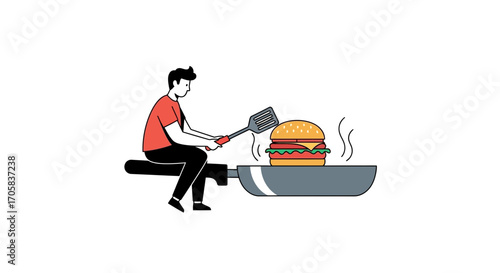 Animated Illustration Depicting Person Preparing Burger, Fast Food Dinner Concept