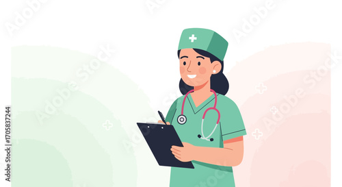 A Smiling Healthcare Professional Recording Information On Clipboard In Simplified Style