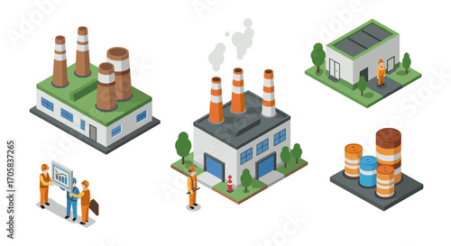 Isometric industrial elements with factories, workers, and oil barrels