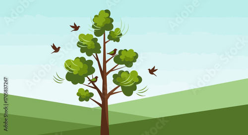 Animated Illustration Depicting Windy Day With Trees, Birds and Landscapes View