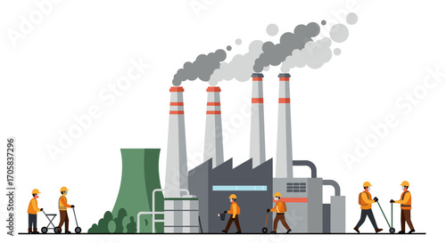 Industrial factory with workers and smokestacks in flat design