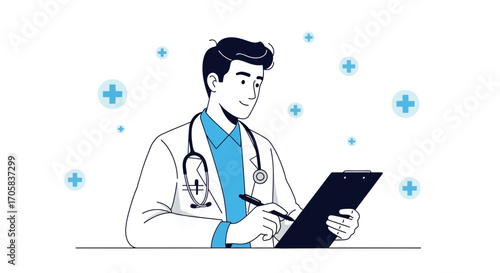 A Smiling Professional Practitioner Reviewing Medical Reports Using Modern Technology