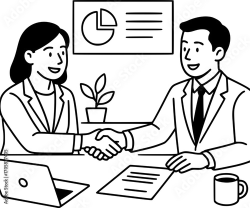 Black and white line art of office colleagues shaking hands, teamwork and partnership theme