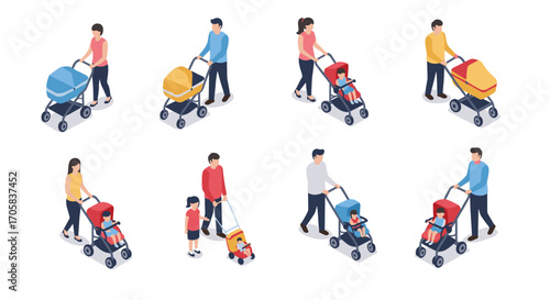 Isometric everyday life: parents and kids with strollers