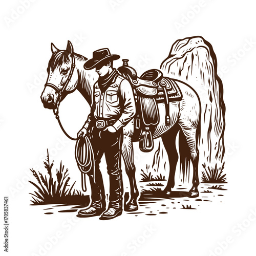 Classic Cowboy & Saddled Horse: Vintage Western Engraving Art