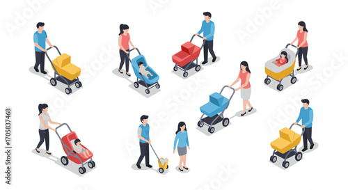 Diverse families with strollers in isometric style