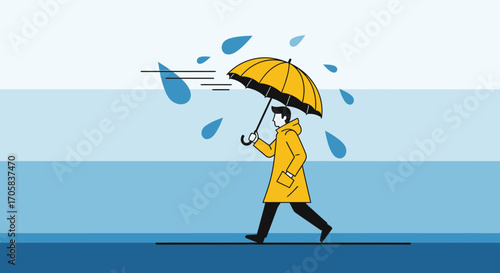Animated Illustration Of A Person Walking In The Rain With An Umbrella, Stylish Design