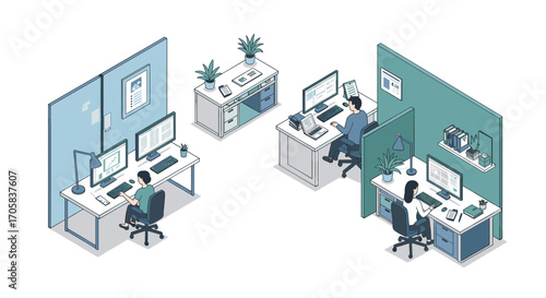 Modern office workspace with isometric design and separated workstations