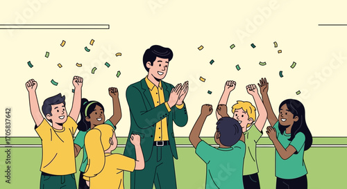 A Teacher And Students Celebrating Success In A Class With Confetti Showering Down