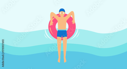 A Swimmer Floats On His Back Using An Inflatable Ring In The Calm Sea