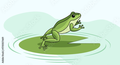 Animated Illustration of Green Frog Perched on a Lily Pad in a Tranquil Pond Scene