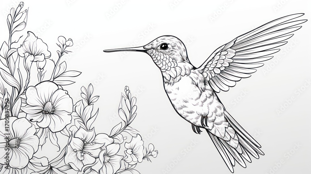Obraz premium Flying hummingbird floral illustration