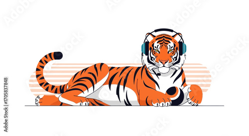 A Tiger Relaxing And Listening To Music, Creative Vector Artistic Illustration