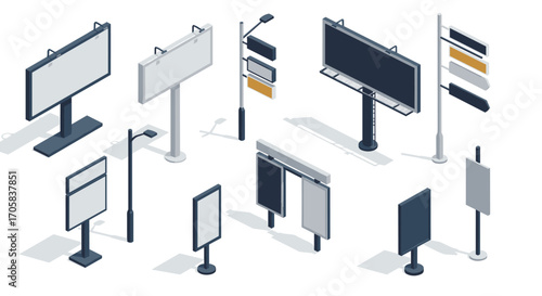 Isometric billboard and advertising signs set: modern outdoor marketing design collection