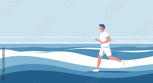 Animated Man Running on Wavy Blue Terrain Demonstrates Fitness and Healthy Lifestyle Concept